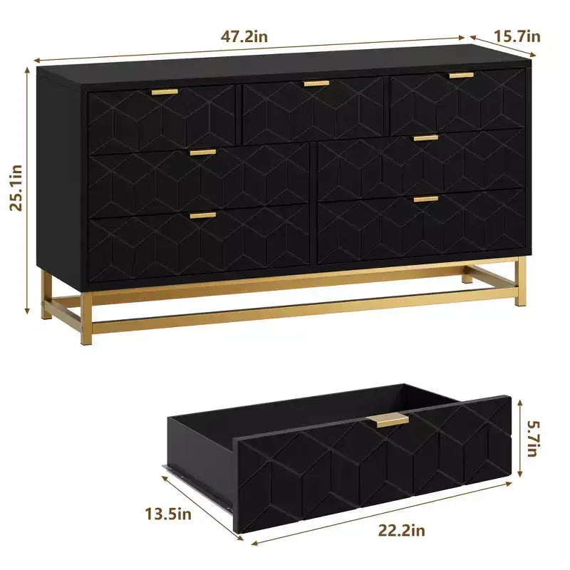 Commode 7 tiroirs en MDF avec poignées et pieds en métal doré 136 cm L