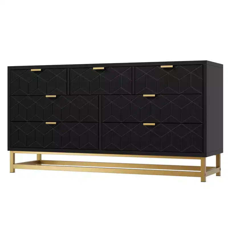 Commode 7 tiroirs en MDF avec poignées et pieds en métal doré 136 cm L