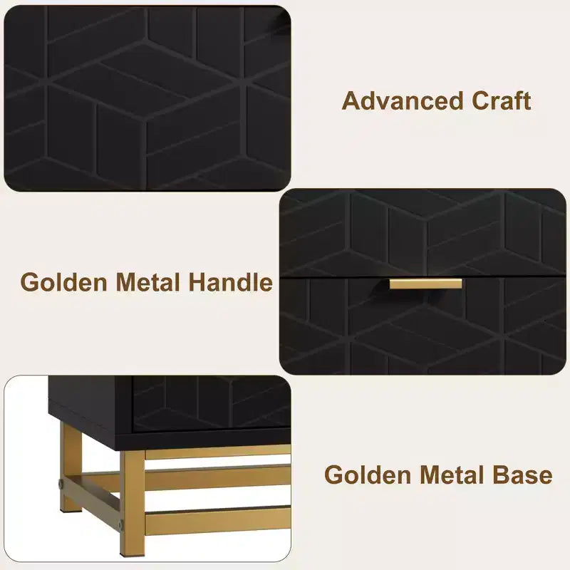 Commode 7 tiroirs en MDF avec poignées et pieds en métal doré 136 cm L
