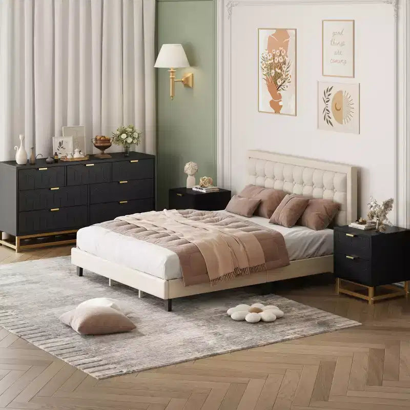 Commode 7 tiroirs en MDF avec poignées et pieds en métal doré 136 cm L