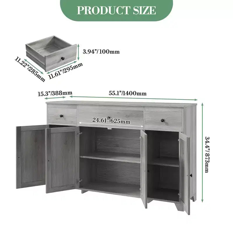 Bahut en MDF avec 3 tiroirs, 4 portes et étagères réglables L 140 cm