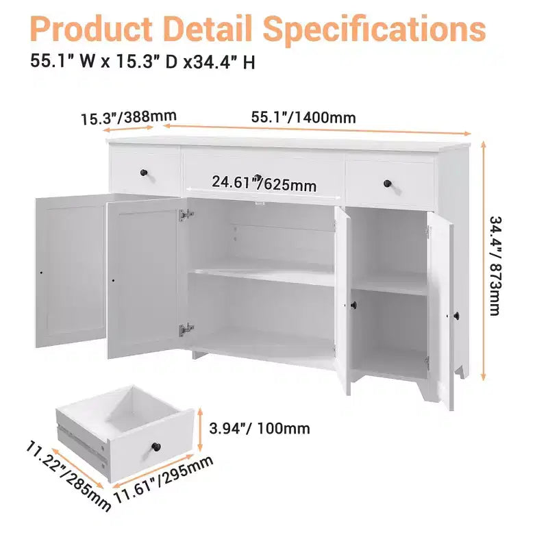 Bahut en MDF avec 3 tiroirs, 4 portes et étagères réglables L 140 cm