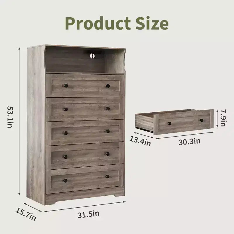 Commode étroite en bois à 5 tiroirs avec station de charge et étagère d'exposition 31,5"L x 53"H