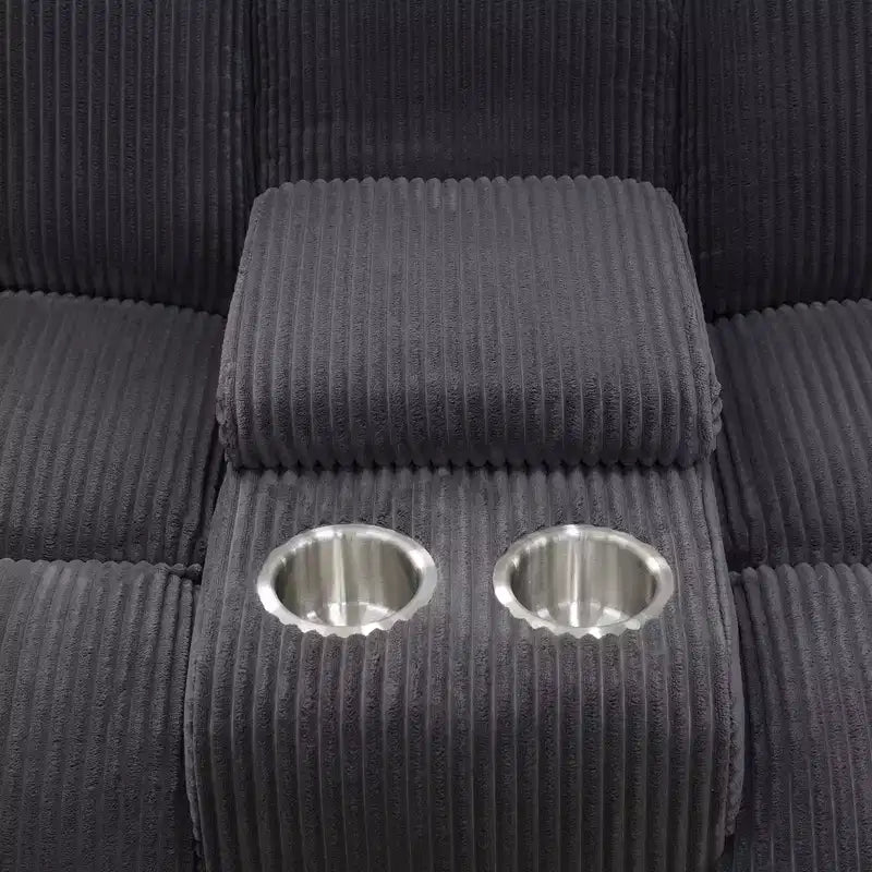 Causeuse inclinable en bois et velours côtelé, avec rangement et porte-gobelets 76"L