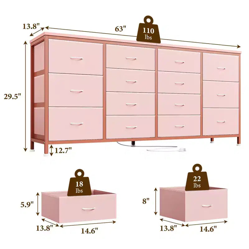 Meuble TV commode à tiroirs en tissu avec prises de courant, 14 tiroirs, 160 cm de large