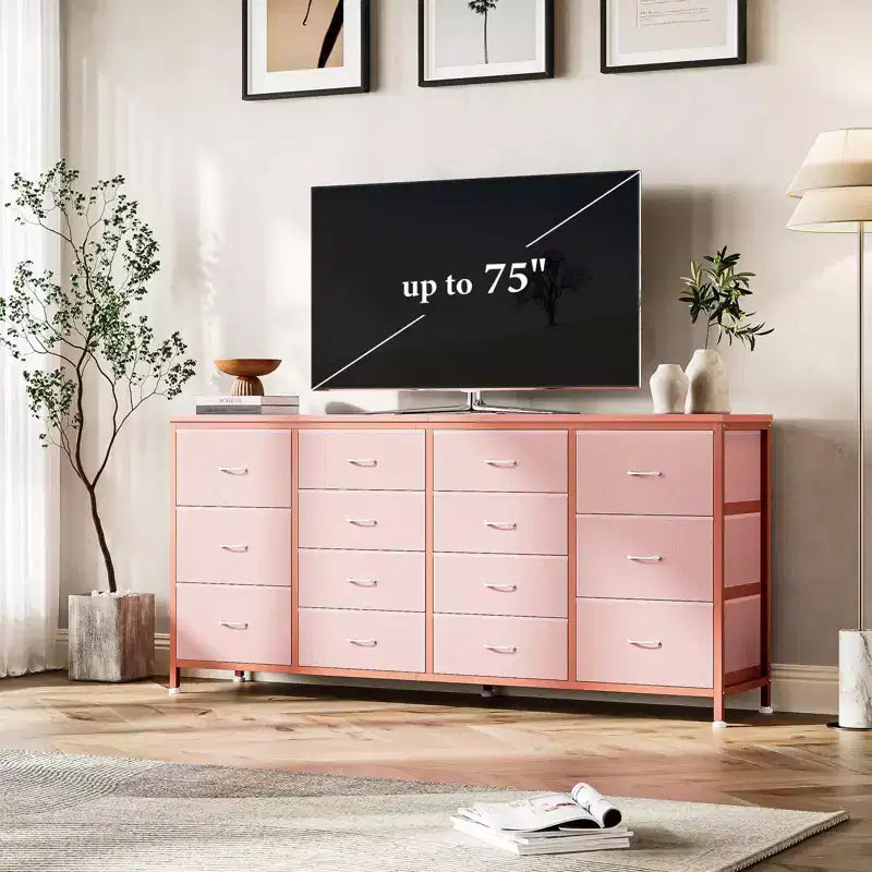 Meuble TV commode à tiroirs en tissu avec prises de courant, 14 tiroirs, 160 cm de large