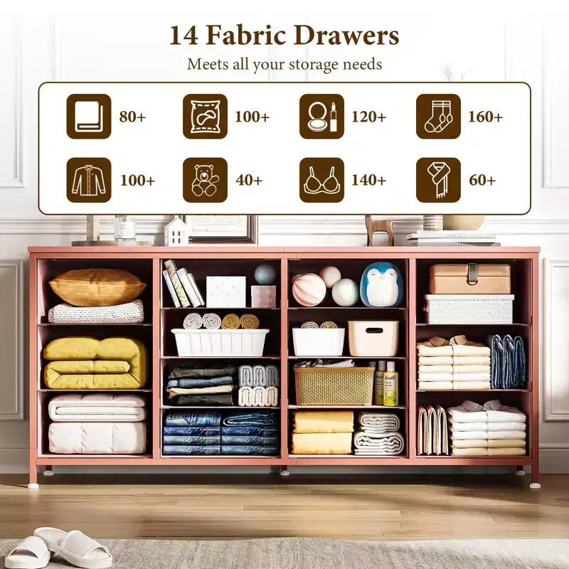 Meuble TV commode à tiroirs en tissu avec prises de courant, 14 tiroirs, 160 cm de large