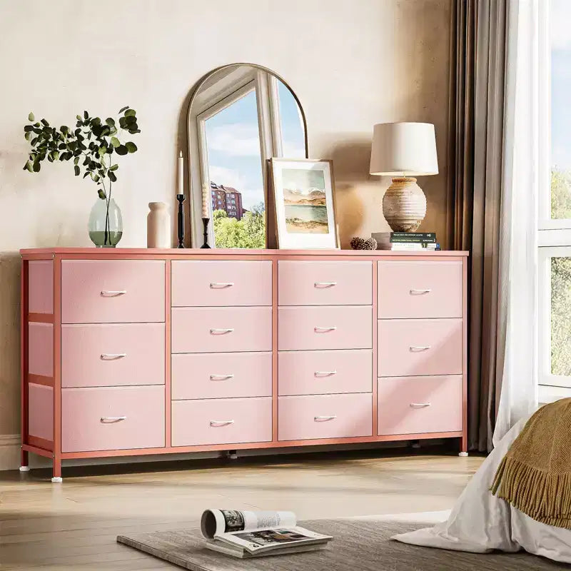 Meuble TV commode à tiroirs en tissu avec prises de courant, 14 tiroirs, 160 cm de large