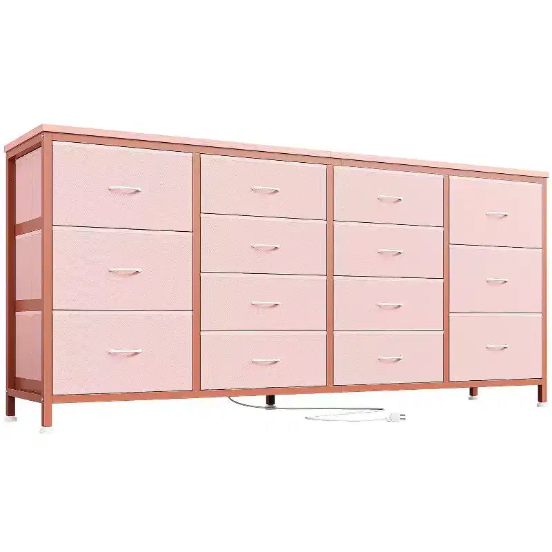 Meuble TV commode à tiroirs en tissu avec prises de courant, 14 tiroirs, 160 cm de large