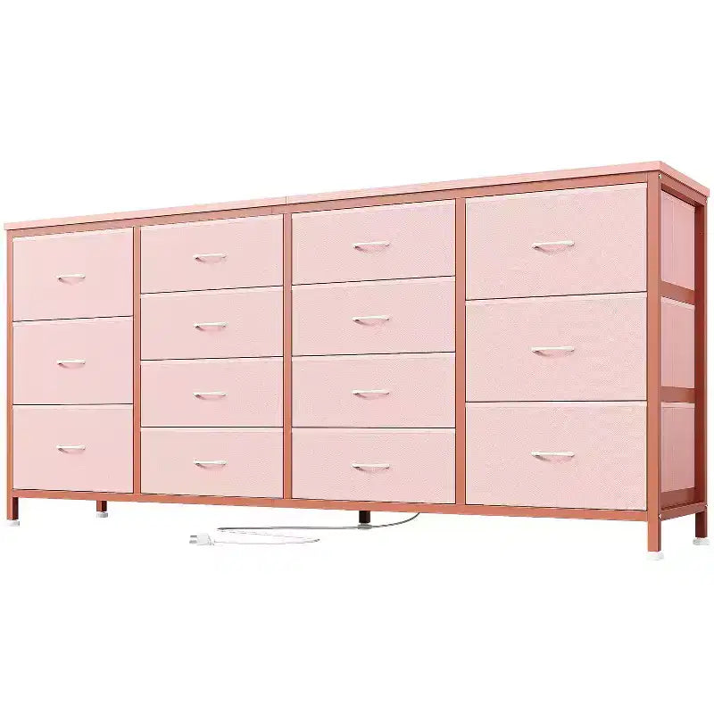 Meuble TV commode à tiroirs en tissu avec prises de courant, 14 tiroirs, 160 cm de large