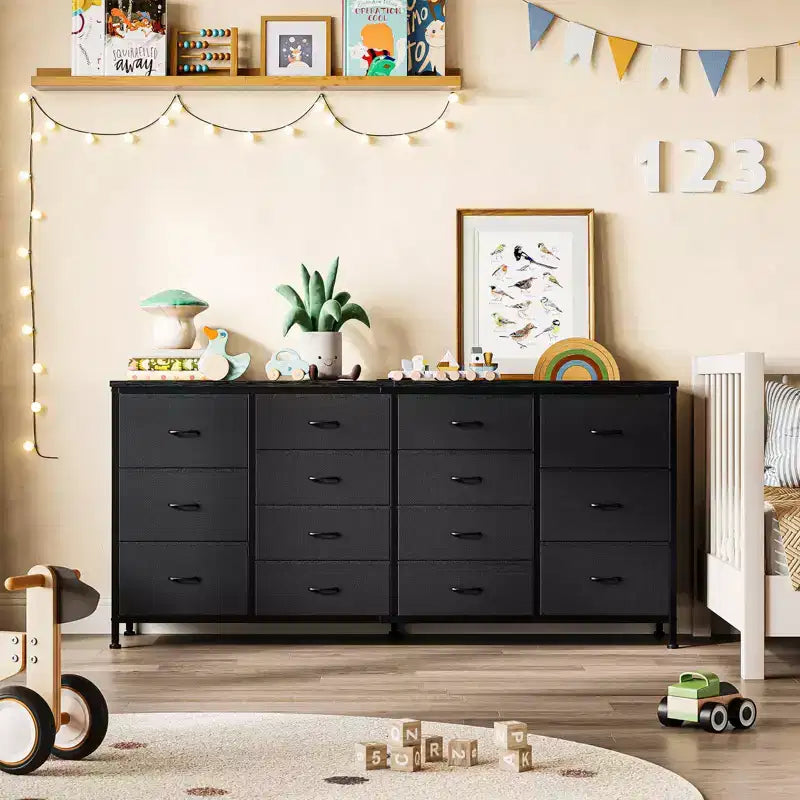 Meuble TV commode à tiroirs en tissu avec prises de courant, 14 tiroirs, 160 cm de large