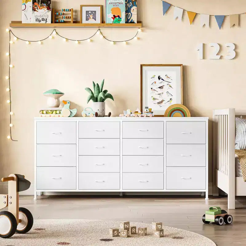 Meuble TV commode à tiroirs en tissu avec prises de courant, 14 tiroirs, 160 cm de large