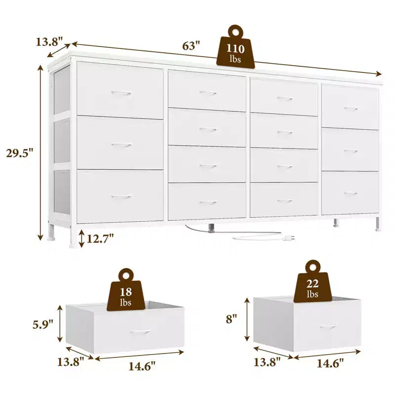 Meuble TV commode à tiroirs en tissu avec prises de courant, 14 tiroirs, 160 cm de large