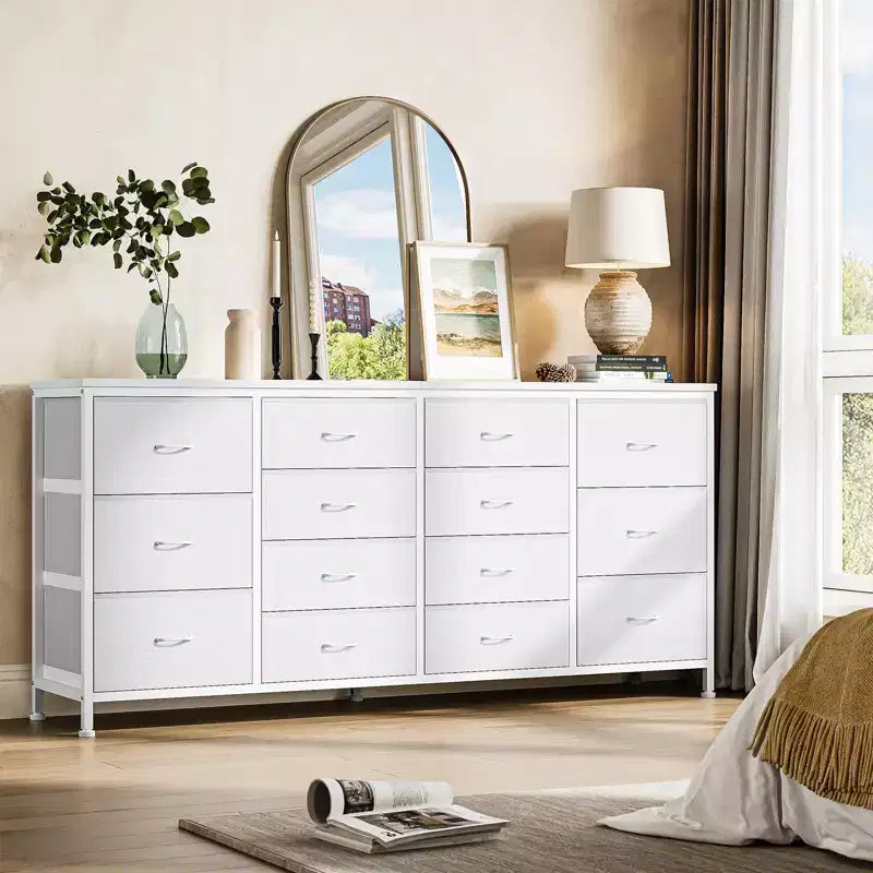 Meuble TV commode à tiroirs en tissu avec prises de courant, 14 tiroirs, 160 cm de large