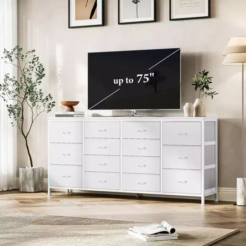 Meuble TV commode à tiroirs en tissu avec prises de courant, 14 tiroirs, 160 cm de large