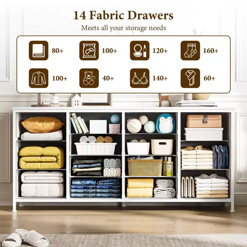 Meuble TV commode à tiroirs en tissu avec prises de courant, 14 tiroirs, 160 cm de large
