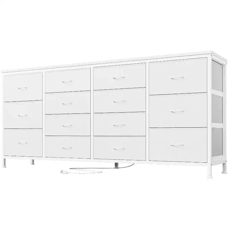 Meuble TV commode à tiroirs en tissu avec prises de courant, 14 tiroirs, 160 cm de large