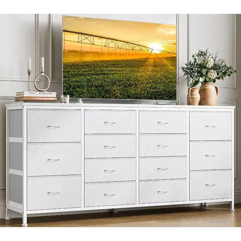 Meuble TV commode à tiroirs en tissu avec prises de courant, 14 tiroirs, 160 cm de large