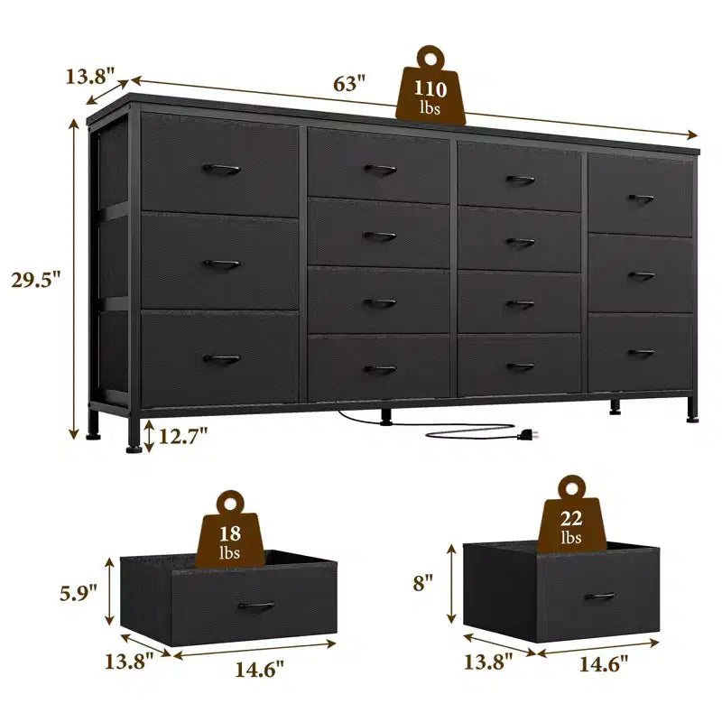 Meuble TV commode à tiroirs en tissu avec prises de courant, 14 tiroirs, 160 cm de large