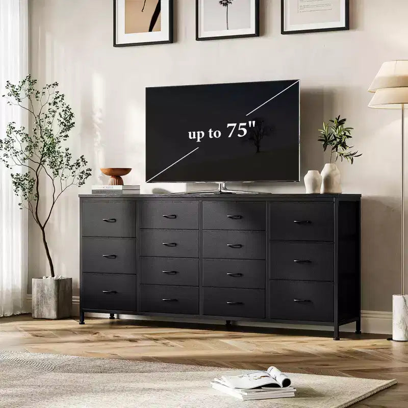 Meuble TV commode à tiroirs en tissu avec prises de courant, 14 tiroirs, 160 cm de large
