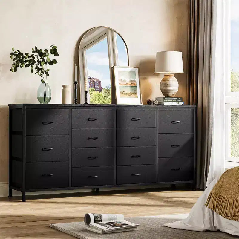 Meuble TV commode à tiroirs en tissu avec prises de courant, 14 tiroirs, 160 cm de large