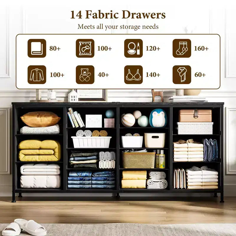 Meuble TV commode à tiroirs en tissu avec prises de courant, 14 tiroirs, 160 cm de large