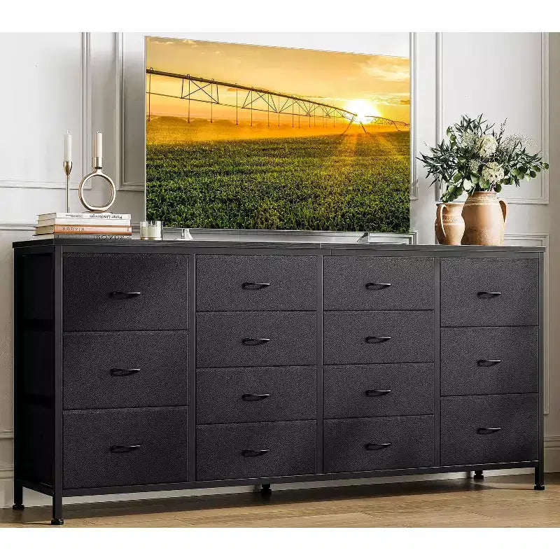 Meuble TV commode à tiroirs en tissu avec prises de courant, 14 tiroirs, 160 cm de large