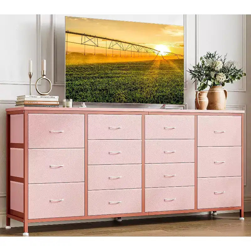 Meuble TV commode à tiroirs en tissu avec prises de courant, 14 tiroirs, 160 cm de large