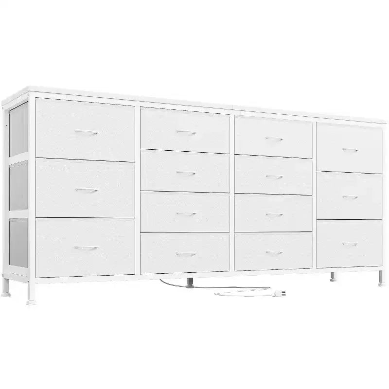 Meuble TV commode à tiroirs en tissu avec prises de courant, 14 tiroirs, 160 cm de large