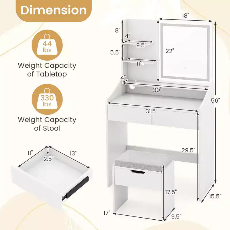 Coiffeuse en bois avec miroir LED et 3 modes d'éclairage