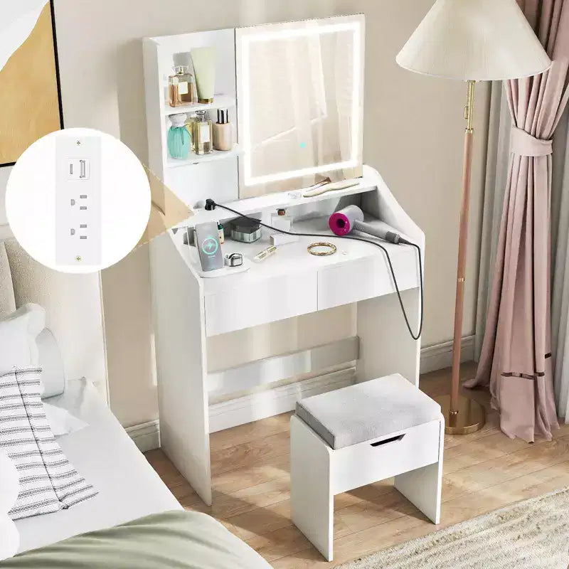 Coiffeuse en bois avec miroir LED et 3 modes d'éclairage