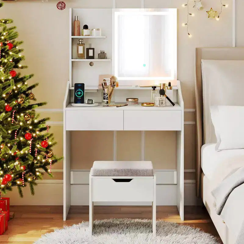 Coiffeuse en bois avec miroir LED et 3 modes d'éclairage