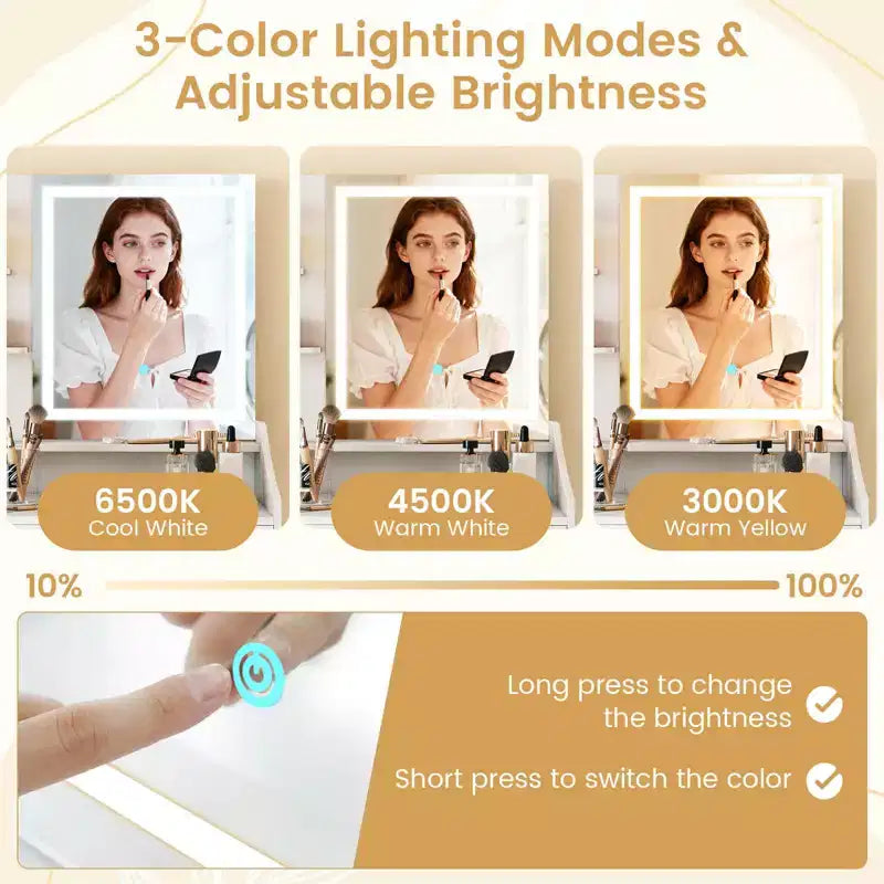 Coiffeuse en bois avec miroir LED et 3 modes d'éclairage