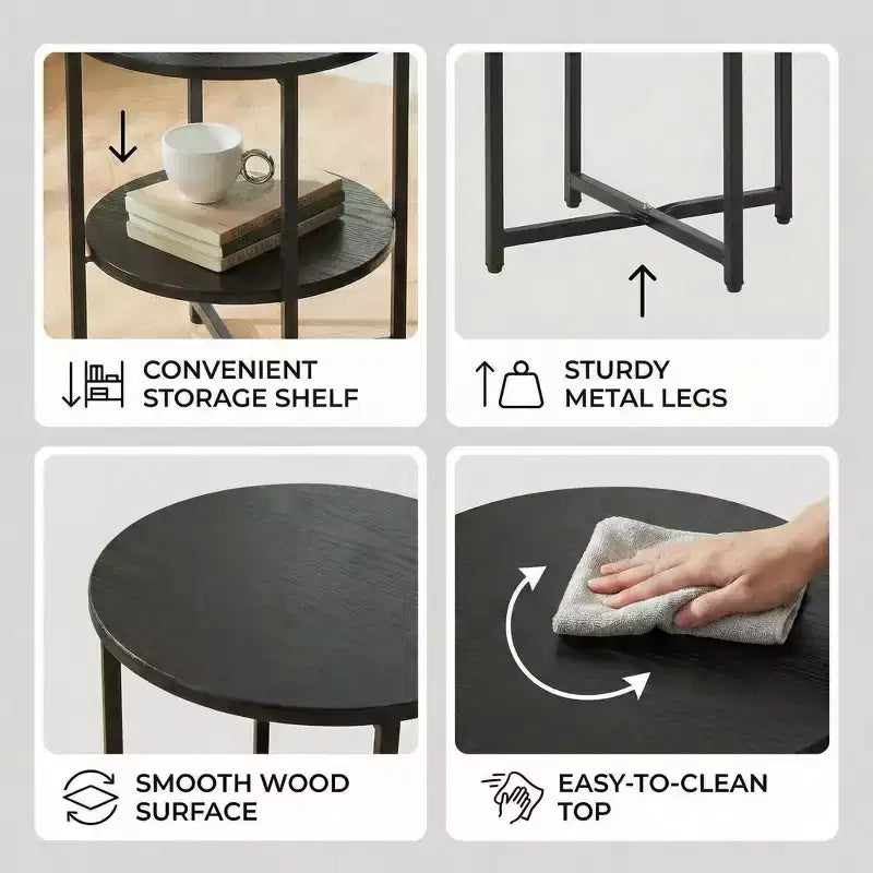 Table d'appoint ronde à 2 niveaux 50 cm de diamètre, étagère en bois et structure en métal