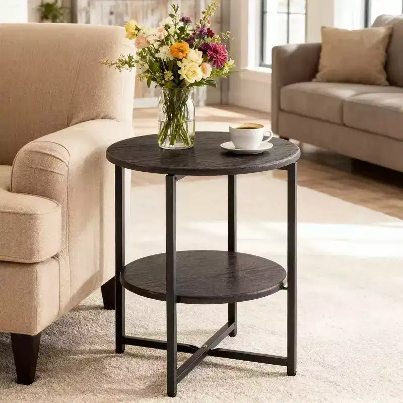 Table d'appoint ronde à 2 niveaux 50 cm de diamètre, étagère en bois et structure en métal