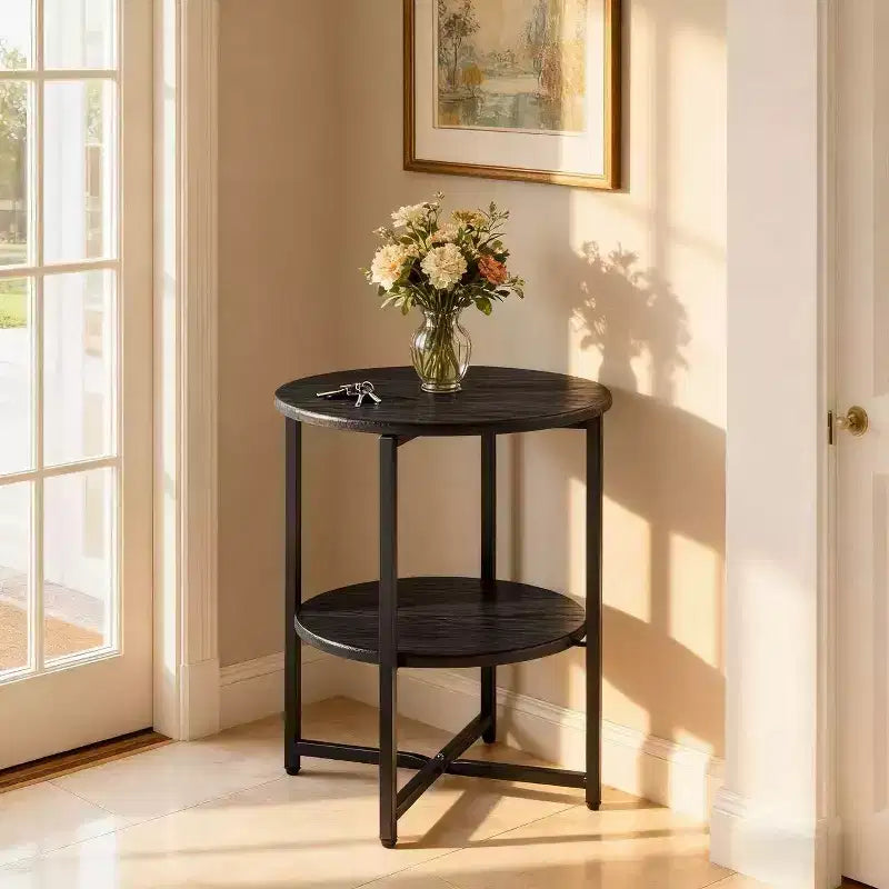 Table d'appoint ronde à 2 niveaux 50 cm de diamètre, étagère en bois et structure en métal