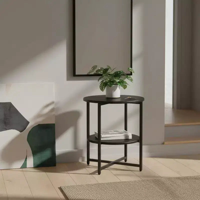 Table d'appoint ronde à 2 niveaux 50 cm de diamètre, étagère en bois et structure en métal