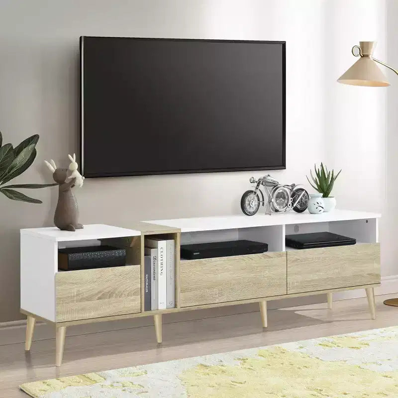 Meuble TV en panneaux de particules avec 3 tiroirs et étagères ouvertes 70,86"L