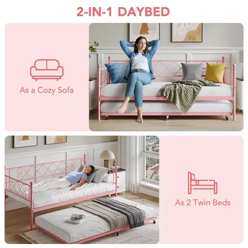 Lit de repos double avec cadre métallique, tête de lit et lattes métalliques 80.12"L