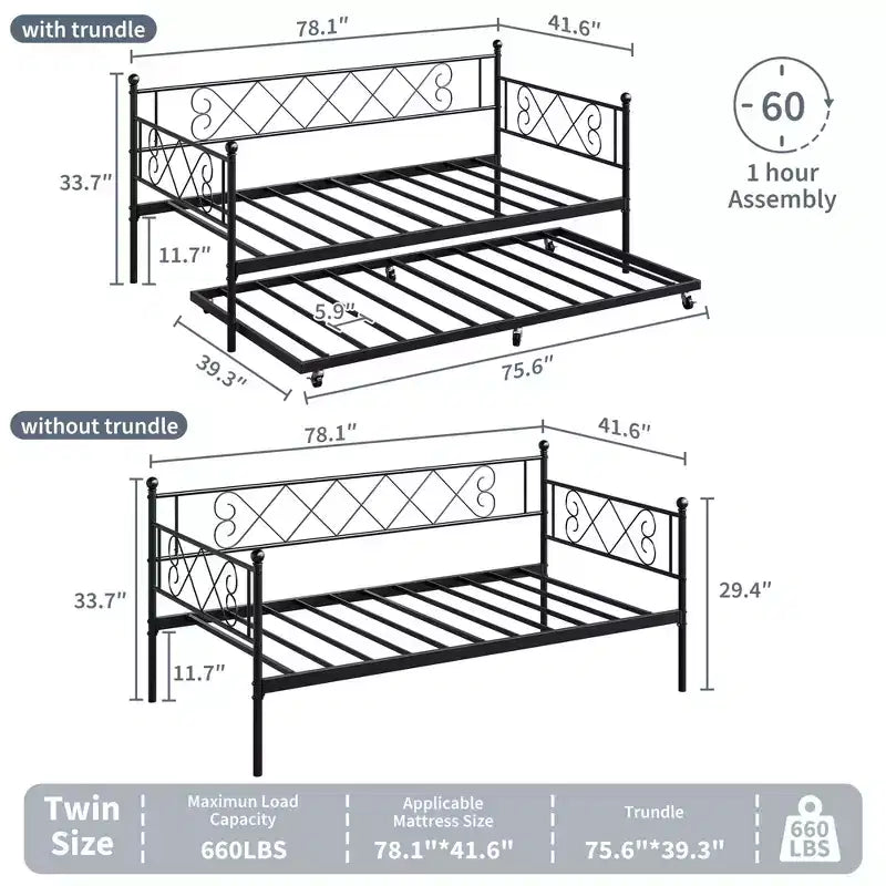 Lit de repos double avec cadre métallique, tête de lit et lattes métalliques 80.12"L