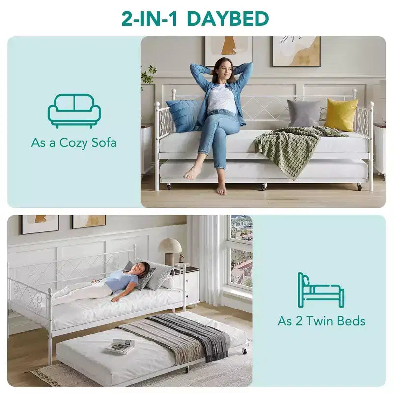 Lit de repos double avec cadre métallique, tête de lit et lattes métalliques 80.12"L