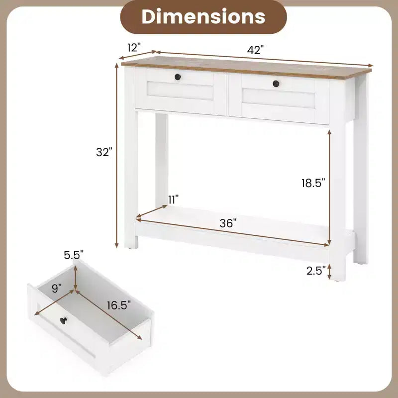Console en bois avec plateau MDF, 2 tiroirs et étagère 106,7 cm (42 po) de long