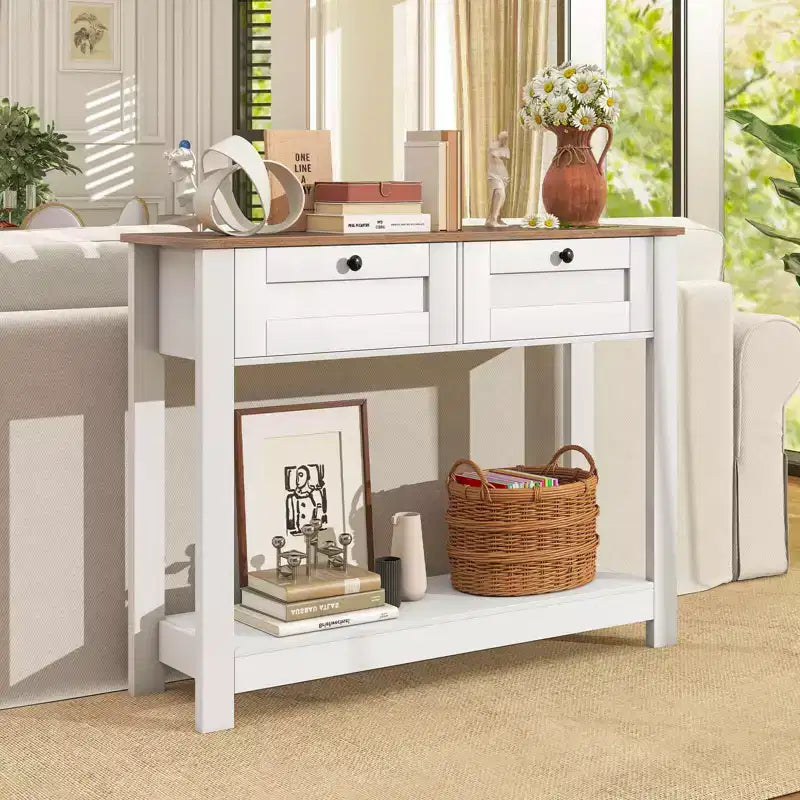 Console en bois avec plateau MDF, 2 tiroirs et étagère 106,7 cm (42 po) de long