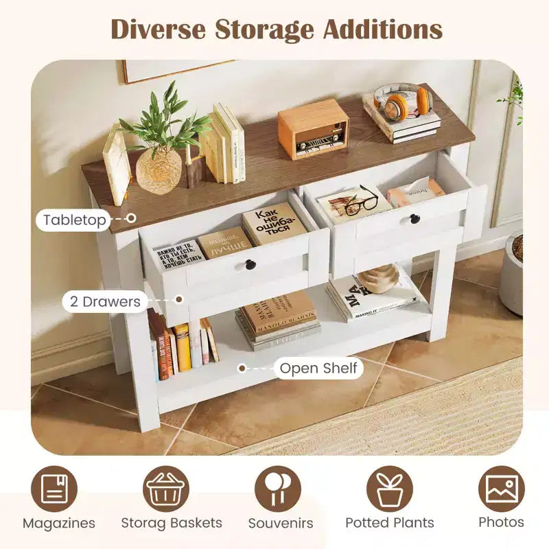 Console en bois avec plateau MDF, 2 tiroirs et étagère 106,7 cm (42 po) de long