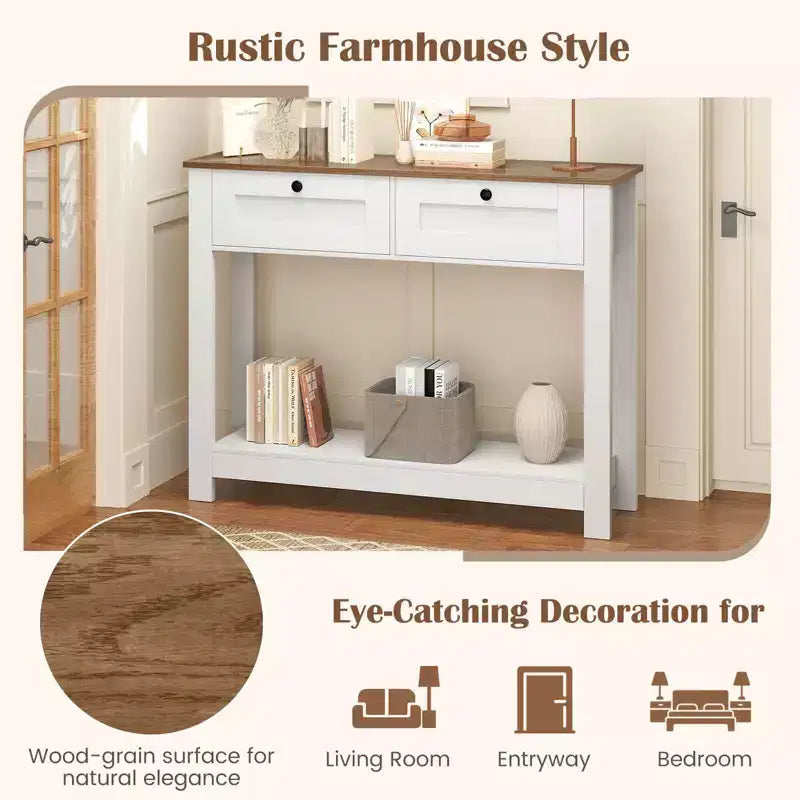 Console en bois avec plateau MDF, 2 tiroirs et étagère 106,7 cm (42 po) de long