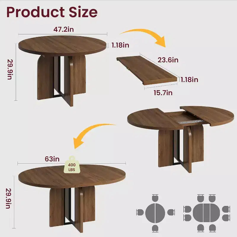 Table de salle à manger ronde extensible en bois 120-160 cm 4-8 places