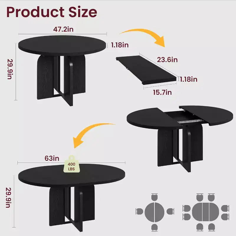 Table de salle à manger ronde extensible en bois 120-160 cm 4-8 places