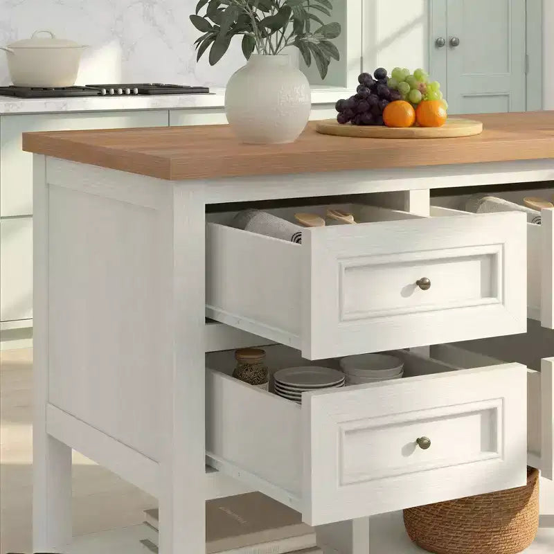 Îlot de cuisine autoportant en MDF avec 6 tiroirs et étagère ouverte 132 cm (L) x 76 cm (H)