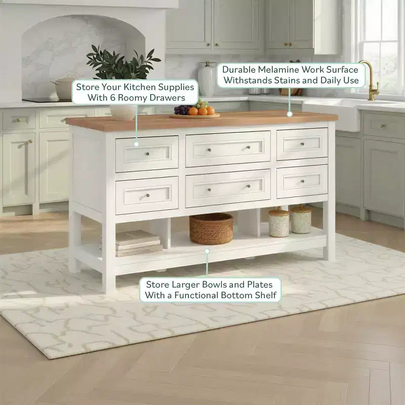 Îlot de cuisine autoportant en MDF avec 6 tiroirs et étagère ouverte 132 cm (L) x 76 cm (H)