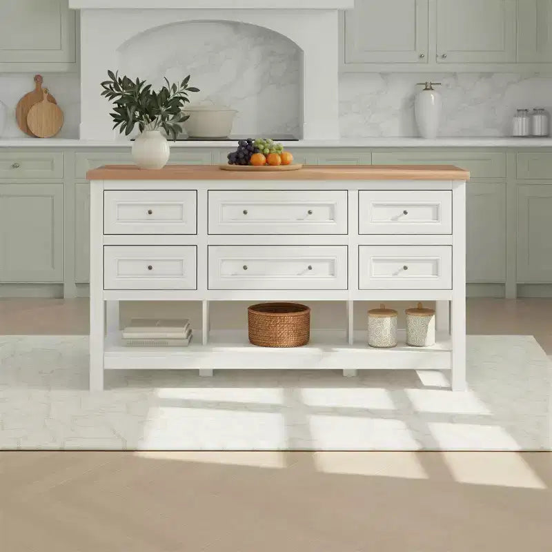 Îlot de cuisine autoportant en MDF avec 6 tiroirs et étagère ouverte 132 cm (L) x 76 cm (H)